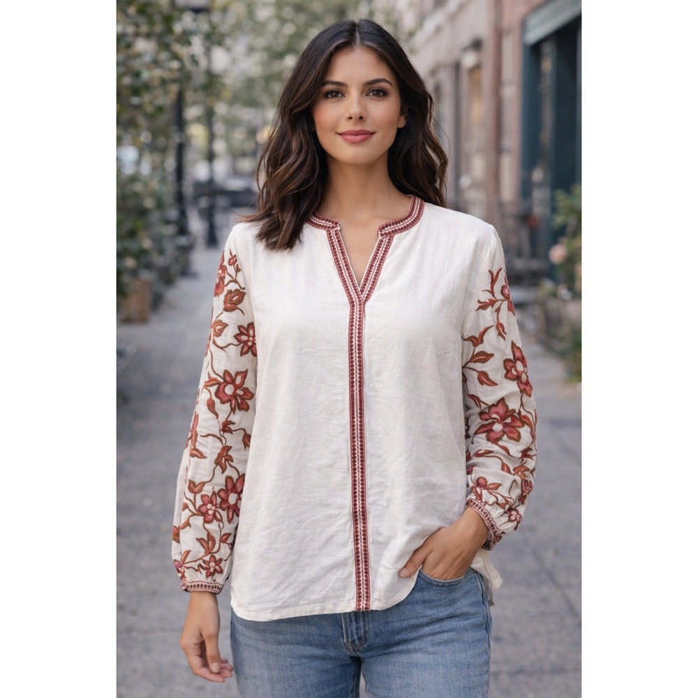 Calypso Floral Embroidered Cotton Flax Peasant Blouse White Boho Womens Largr - Picture 2 of 8